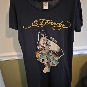 Ed Hardy Black T-Shirt with Pirate Skull Design